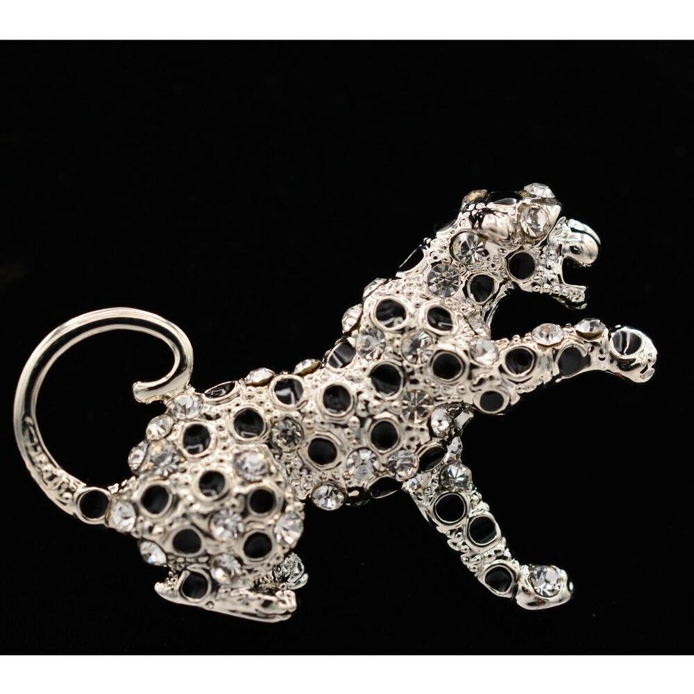 Vintage Leopard Pin Brooch Jungle Cat Rhinestone Crystal Silver Tone 1980s Bin7